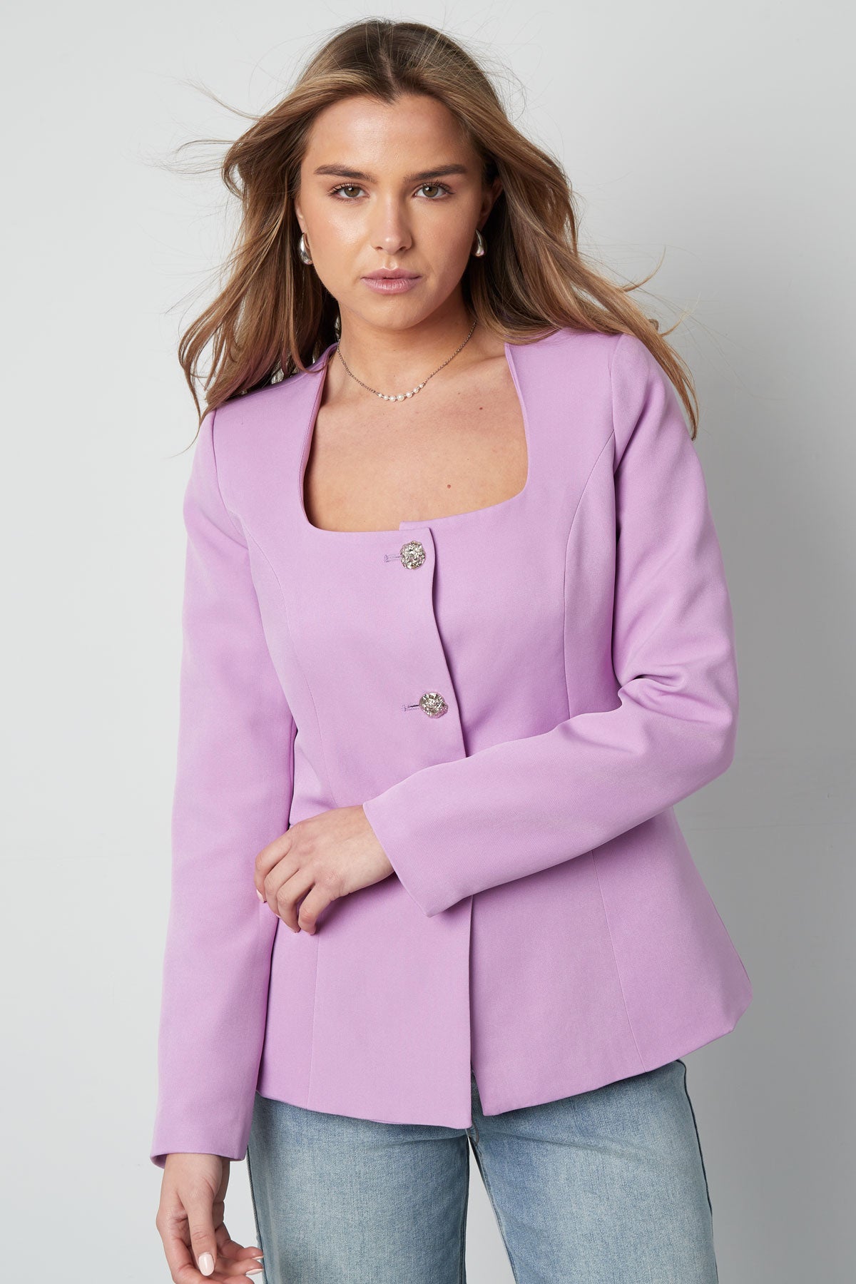 Polyester Damen Blazer Anzug Quadratischer Ausschnitt Taillierter Schnitt