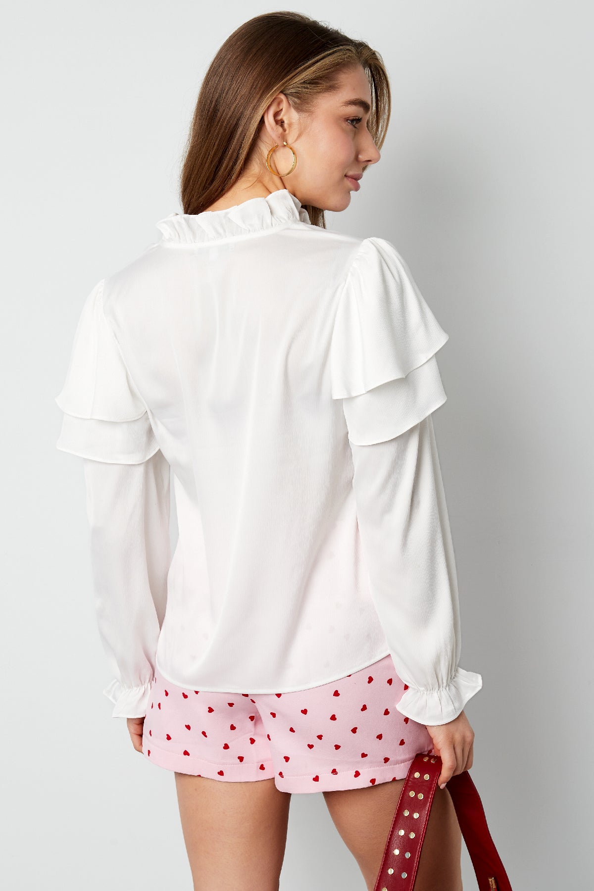 Polyester Damen Langarmshirt Mit Volants V-Ausschnitt