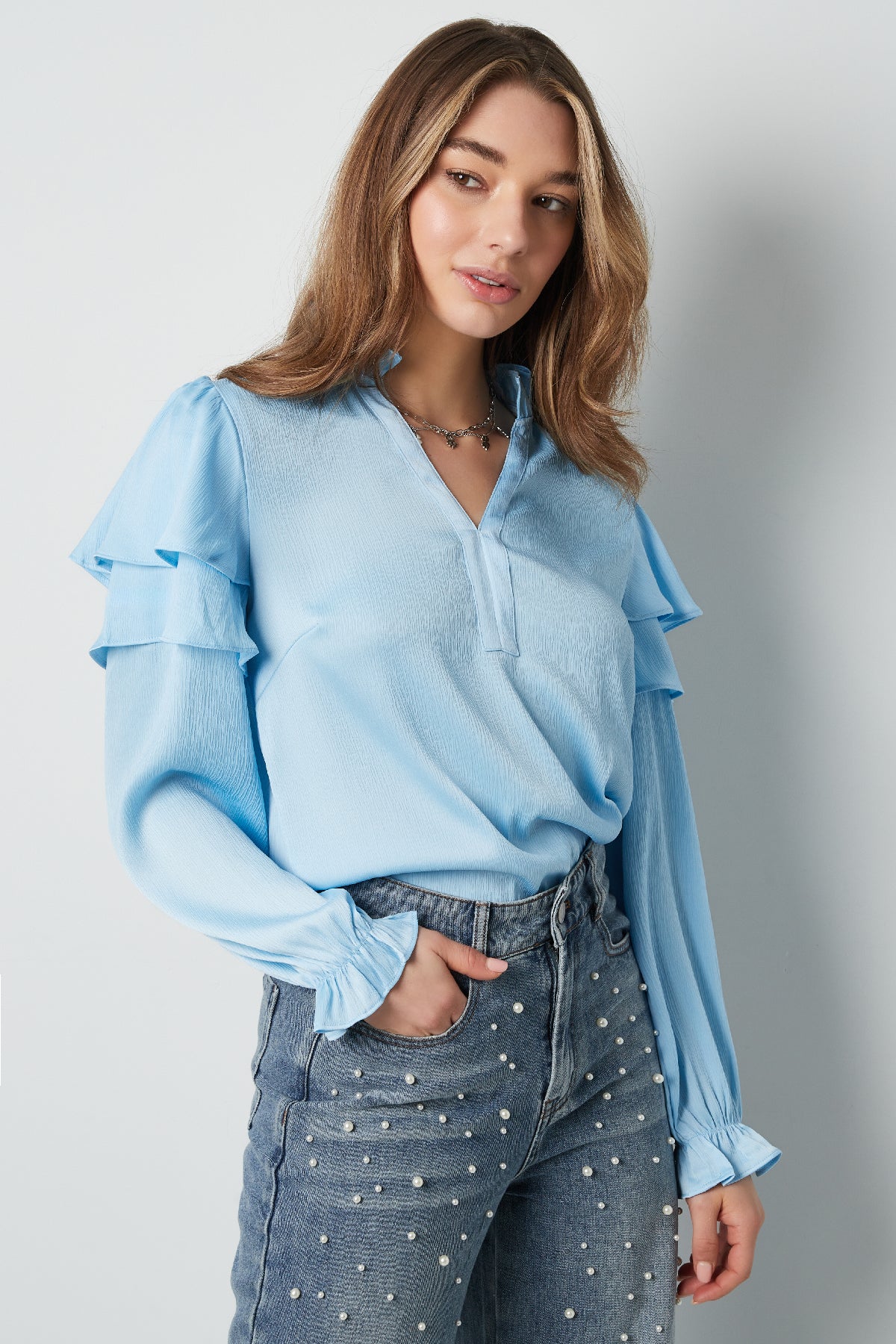 Polyester Damen Langarmshirt Mit Volants V-Ausschnitt