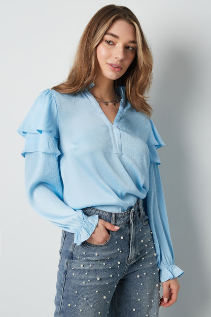 Polyester Damen Langarmshirt Mit Volants V-Ausschnitt