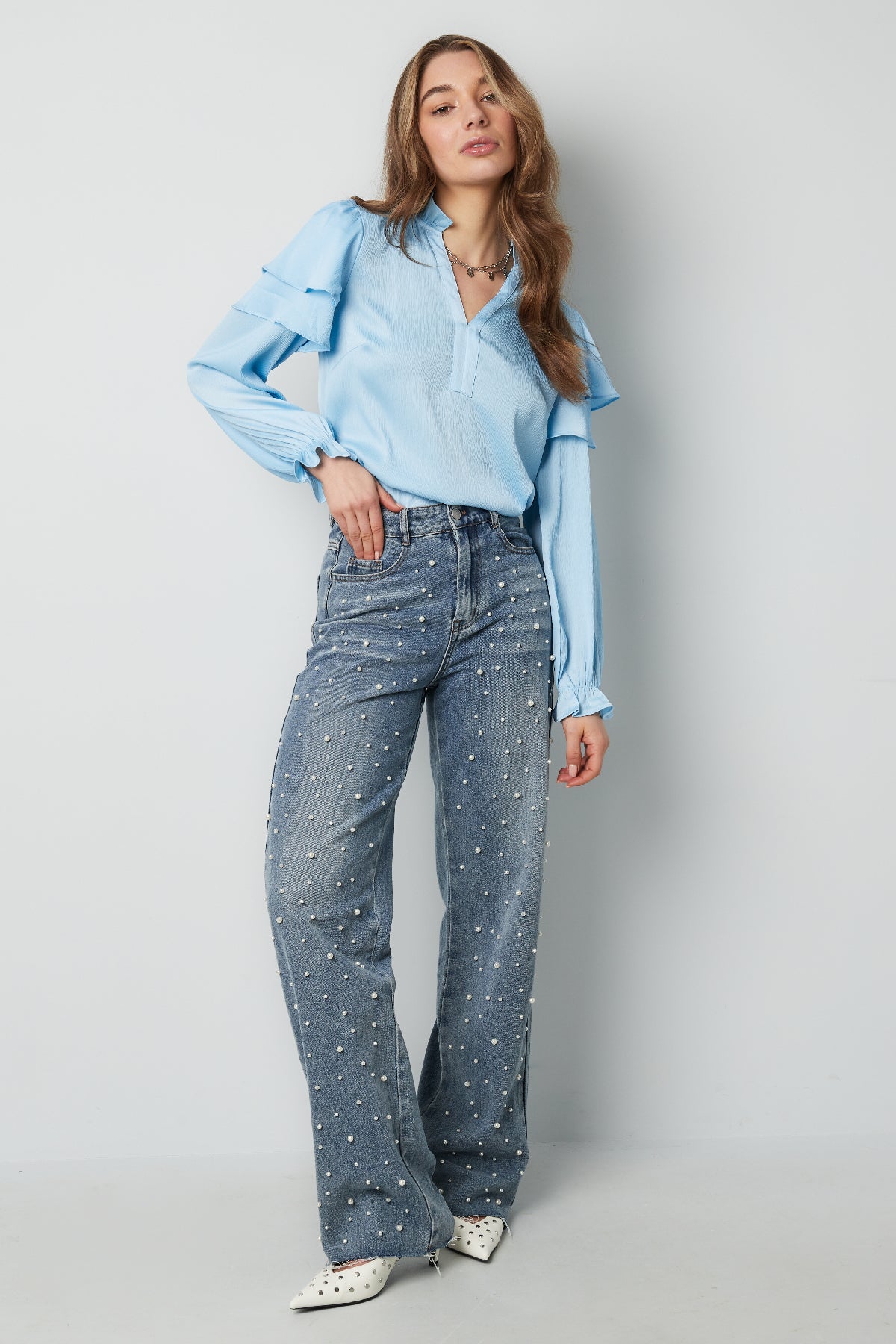 Polyester Damen Langarmshirt Mit Volants V-Ausschnitt