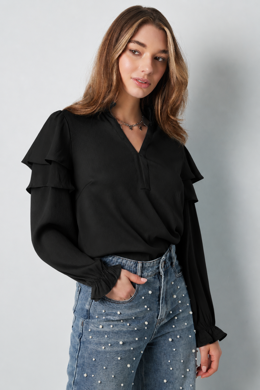 Polyester Damen Langarmshirt Mit Volants V-Ausschnitt SIS.