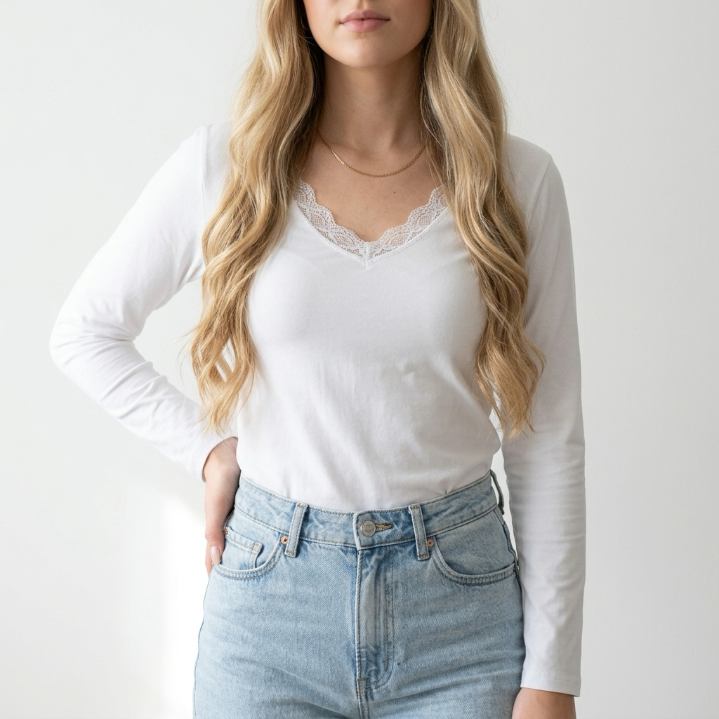 Elegantes Langarm Top Damen mit Spitze – Figurbetontes Basic Shirt mit V-Ausschnitt ESTEE BROWN