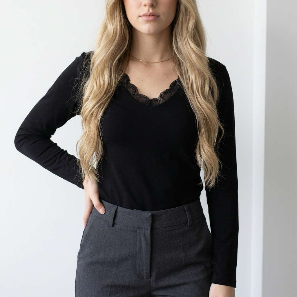 Elegantes Langarm Top Damen mit Spitze – Figurbetontes Basic Shirt mit V-Ausschnitt ESTEE BROWN